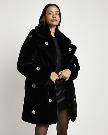RIVER ISLAND BLACK FAUX FUR EMBELLISHED COAT ~ women’s glamorous plush winter coats - flipped
