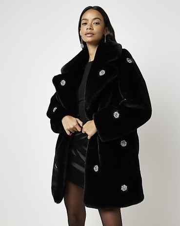 RIVER ISLAND BLACK FAUX FUR EMBELLISHED COAT ~ women’s glamorous plush winter coats
