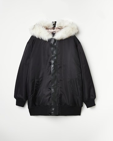 RIVER ISLAND BLACK FAUX FUR TRIM BOMBER JACKET / casual hooded winter jackets - flipped