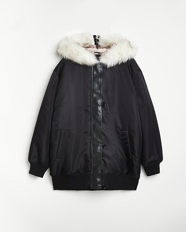 RIVER ISLAND BLACK FAUX FUR TRIM BOMBER JACKET / casual hooded winter jackets