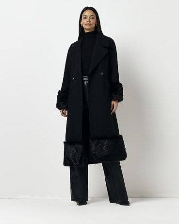 RIVER ISLAND BLACK FAUX FUR TRIM LONGLINE COAT / women’s long length tie waist winter coats - flipped