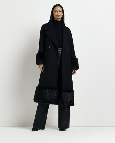 RIVER ISLAND BLACK FAUX FUR TRIM LONGLINE COAT / women’s long length tie waist winter coats