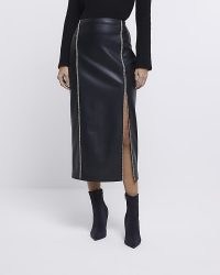 River Island BLACK FAUX LEATHER EMBELLISHED MIDI SKIRT | diamante pencil skirts with high slit