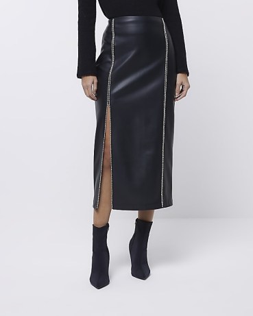 River Island BLACK FAUX LEATHER EMBELLISHED MIDI SKIRT | diamante pencil skirts with high slit - flipped