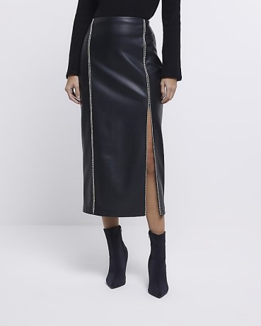 River Island BLACK FAUX LEATHER EMBELLISHED MIDI SKIRT | diamante pencil skirts with high slit