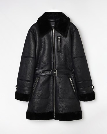 RIVER ISLAND BLACK FAUX LEATHER LONGLINE JACKET / women’s belted fake fur trim coats / womens long length winter jackets - flipped
