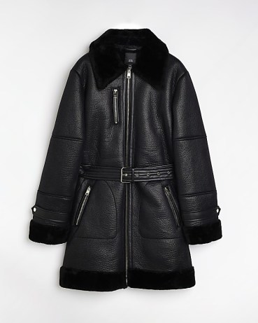 RIVER ISLAND BLACK FAUX LEATHER LONGLINE JACKET / women’s belted fake fur trim coats / womens long length winter jackets
