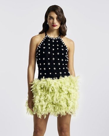 River Island BLACK FEATHER EMBELLISHED MINI DRESS | women’s party dresses with faux feathers | fake feathered evening fashion | going out glamour - flipped