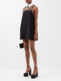 PRADA Floral-appliqué lace and cady mini dress in black / sleeveless collared LBD