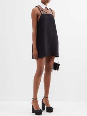 PRADA Floral-appliqué lace and cady mini dress in black / sleeveless collared LBD - flipped