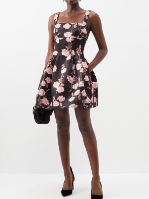 EMILIA WICKSTEAD Gayla rose-print faille dress in black / sleeveless floral fit and flare dresses - flipped