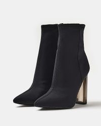 RIVER ISLAND BLACK HEELED SOCK ANKLE BOOTS ~ women’s pointed toe booties with clear heels ~ womens transparent perspex heel footwear