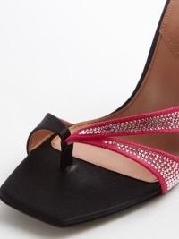 D’ACCORI Layla 100 crystal-embellished satin mules in black / toe post mule sandals / evening heels