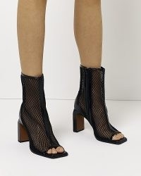 RIVER ISLAND BLACK MESH HEELED ANKLE BOOTS / women’s semi sheer square toe booties