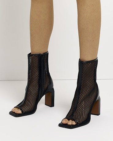 RIVER ISLAND BLACK MESH HEELED ANKLE BOOTS / women’s semi sheer square toe booties - flipped