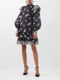 ERDEM Nella floral-embroidered silk dress in black | romance inspired occasion dresses | romantic style ruffle trim clothes | long semi sheer puff sleeves | tiered hem