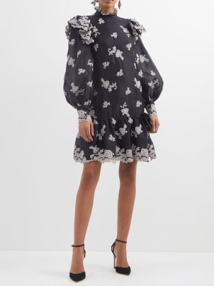 ERDEM Nella floral-embroidered silk dress in black | romance inspired occasion dresses | romantic style ruffle trim clothes | long semi sheer puff sleeves | tiered hem - flipped