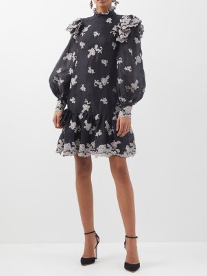 ERDEM Nella floral-embroidered silk dress in black | romance inspired occasion dresses | romantic style ruffle trim clothes | long semi sheer puff sleeves | tiered hem