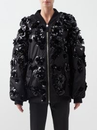 PRADA Opera floral-appliqué nylon bomber jacket in black / oversized zip front jackets with flower appliques / women’s luxe jackets / romance inspired fashion