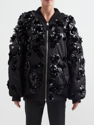 PRADA Opera floral-appliqué nylon bomber jacket in black / oversized zip front jackets with flower appliques / women’s luxe jackets / romance inspired fashion - flipped