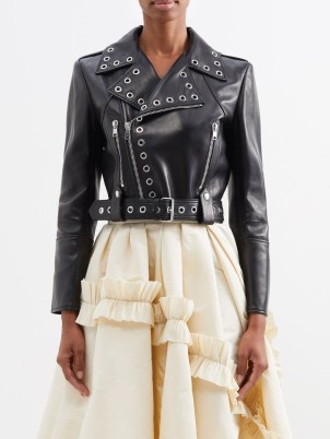 ALEXANDER MCQUEEN Rivet-embellished cropped leather biker jacket in black / luxe crop hem eyelet studded jackets / women’s modern classic outerwear - flipped