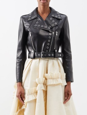 ALEXANDER MCQUEEN Rivet-embellished cropped leather biker jacket in black / luxe crop hem eyelet studded jackets / women’s modern classic outerwear