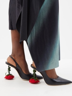 LOEWE Rose-heel 100 slingback leather pumps in black ~ floral heels ~ occasion slingbacks - flipped
