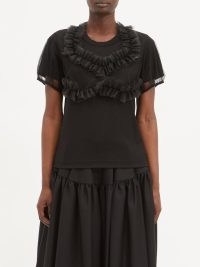 NOIR KEI NINOMIYA Ruffled-tulle jersey T-shirt in black / feminine ruffle bodice T-shirts / semi sheer sleeved tee