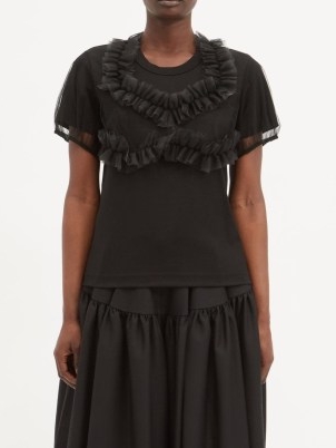 NOIR KEI NINOMIYA Ruffled-tulle jersey T-shirt in black / feminine ruffle bodice T-shirts / semi sheer sleeved tee