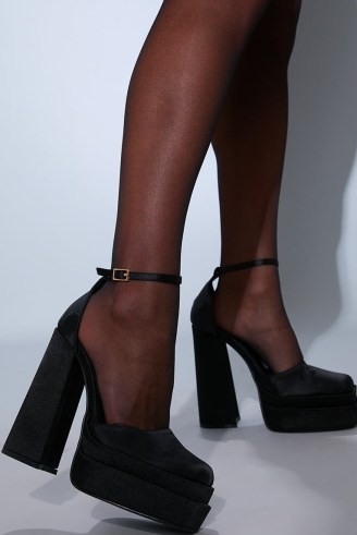 IN THE STYLE BLACK SATIN CHUNKY PLATFORM HEEL / super high ankle strap platforms / on-trend evening shoes / block heels - flipped