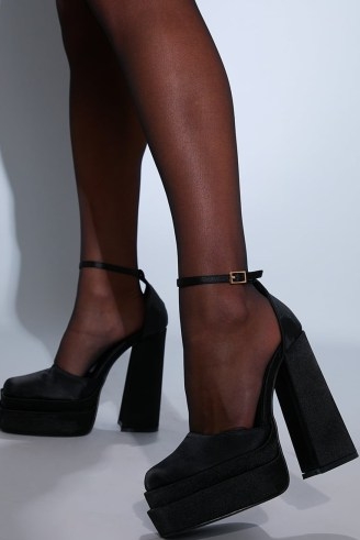 IN THE STYLE BLACK SATIN CHUNKY PLATFORM HEEL / super high ankle strap platforms / on-trend evening shoes / block heels