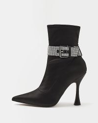RIVER ISLAND BLACK SATIN EMBELLISHED HEELED SOCK BOOTS / diamante buckle strap booties