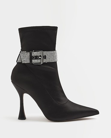 RIVER ISLAND BLACK SATIN EMBELLISHED HEELED SOCK BOOTS / diamante buckle strap booties - flipped