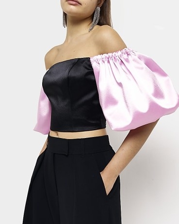 River Island BLACK SATIN PUFF SLEEVE CROPPED TOP | off the shoulder crop tops | puffed sleeved evening fashion - flipped
