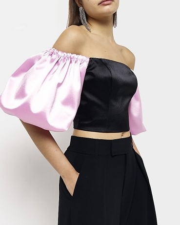 River Island BLACK SATIN PUFF SLEEVE CROPPED TOP | off the shoulder crop tops | puffed sleeved evening fashion