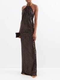 TOM FORD Black sequinned halterneck gown / glittering halter neck gowns / chunky chain halter strap / shimmering evening event maxi dresses / glamour