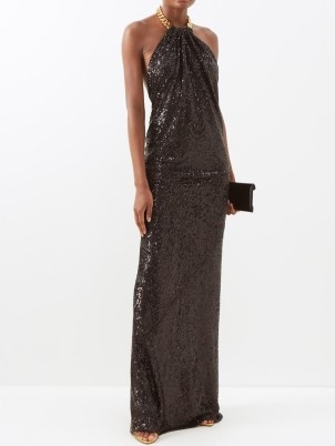 TOM FORD Black sequinned halterneck gown / glittering halter neck gowns / chunky chain halter strap / shimmering evening event maxi dresses / glamour - flipped