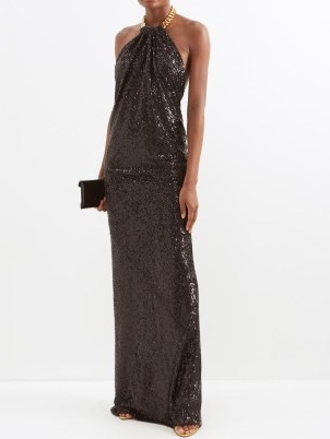 TOM FORD Black sequinned halterneck gown / glittering halter neck gowns / chunky chain halter strap / shimmering evening event maxi dresses / glamour