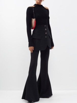 A.W.A.K.E. MODE Skirt-layered crepe flare trousers in black – extreme flares – chic bell bottoms – women’s mini skirt layered trousers - flipped