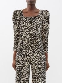 BATSHEVA Square-neck cotton-velvet top in black | women’s cropped animal print gathered shoulder tops | puff sleeves | leopard prints | crop hem
