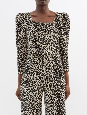 BATSHEVA Square-neck cotton-velvet top in black | women’s cropped animal print gathered shoulder tops | puff sleeves | leopard prints | crop hem - flipped