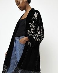 River Island BLACK VELVET EMBROIDERED KIMONO | floral open front fringed hem kimonos | boho inspired jackets