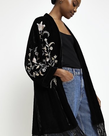 River Island BLACK VELVET EMBROIDERED KIMONO | floral open front fringed hem kimonos | boho inspired jackets - flipped