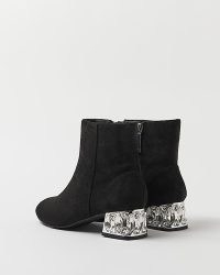 RIVER ISLAND BLACK WIDE FIT DIAMANTE HEELED ANKLE BOOTS ~ embellished block heels ~ women’s faux suede footwear
