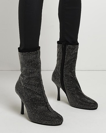 RIVER ISLAND BLACK WIDE FIT EMBELLISHED HEELED ANKLE BOOTS / women’s diamante covered booties - flipped