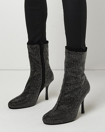 RIVER ISLAND BLACK WIDE FIT EMBELLISHED HEELED ANKLE BOOTS / women’s diamante covered booties
