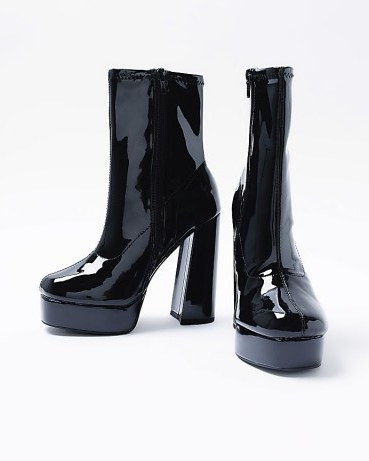 River Island BLACK WIDE FIT PLATFORM HEELED ANKLE BOOTS | glossy platforms | shiny retro inspired footwear