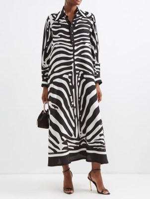 DOLCE & GABBANA Zebra-print crepe de Chine maxi shirt dress in black / monochrome collared animal print silk dresses - flipped