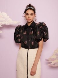 sister jane DREAM CURTAIN CALL Maria Flora Shirt in Black and Violet | women’s floral shirts with oversized puffed sleeves | romance inspired puff sleeve fashion
