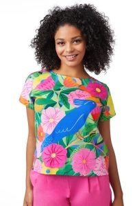 gorman x Agathe Singer Blue Bird Tee / women’s bold print relaxed fit T-shirts / floral short sleeve organic cotton T-shirt